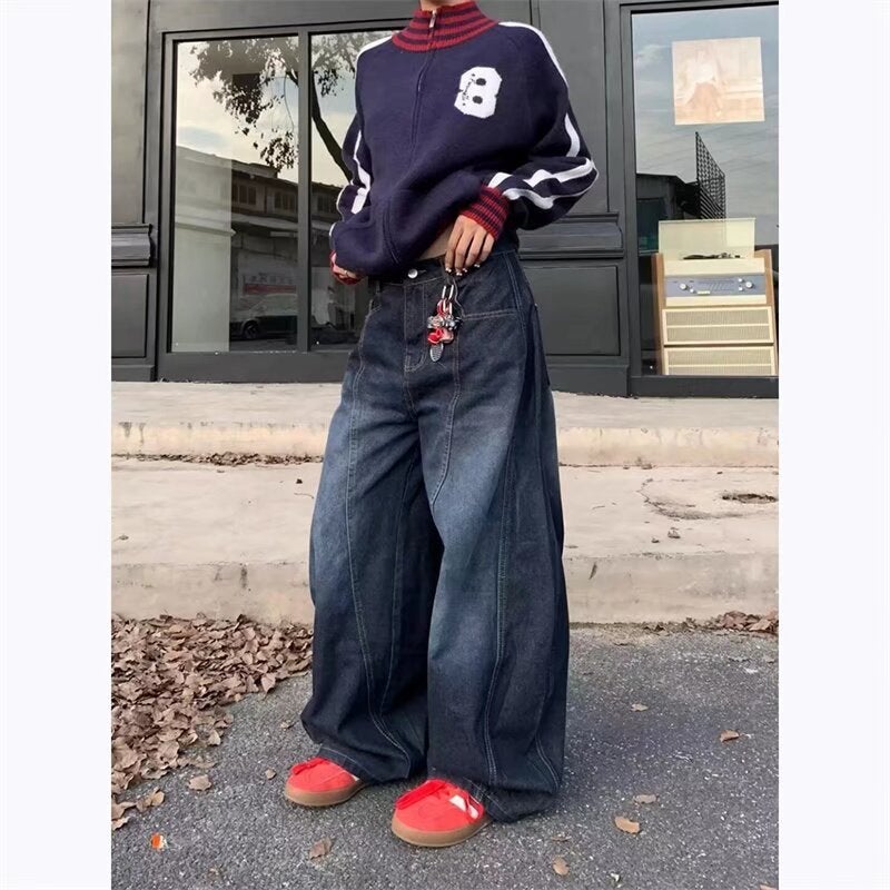 American Retro Dark Blue Letter Print Jeans For Men And Women, Trendy Simple Scimitar Wide-Leg Floor-Length Pants - Image 4